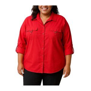 Rafaella Womens Red Button-Down Shirt 3X With Adjustable Sleeves & Front Pockets